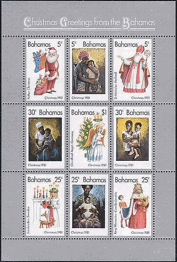 バハマ（1981年）　上段左から　サンタクロース、バハマの母子、オランダの聖ニコラス、バハマの母子、ドイツの天使、バハマの親子、スウェーデンのクリスマス行事、母子、チェコスロバキアのウエンセスラス王