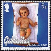 飼馬桶の幼いキリスト像（悲しみの聖母教会）、　キリスト降誕を表す人形（家庭に飾る）、　三王の行進（１月５日）、　戴冠の聖マリア教会に集う人々（イブの真夜中）　ジブラルタル、2003年