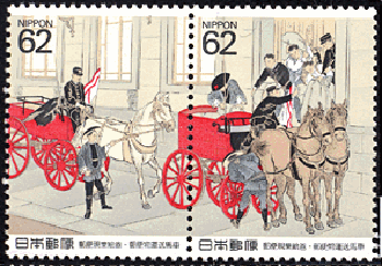 日本の馬と文化　郵便現業絵巻　郵便物運送馬車への積み込み