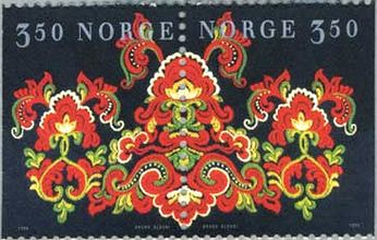 民族衣装の刺繍がモチーフのクリスマス切手（ノルウェー、1996年）