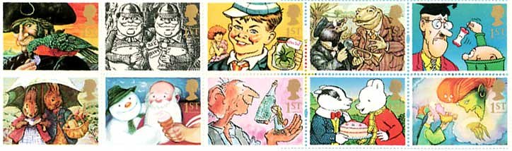 イギリスのグリーティング切手帳「贈り物」　1993.2.2.発行ピーターラビット、スノーマンなど童話、漫画の場面から。