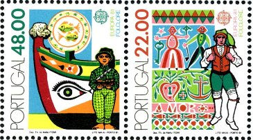 ポルトガルの色付けされたボートと民族衣装の男性ダンサー、ヨーロッパ切手（ポルトガル、1981年）