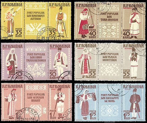 35b:Oltenia,40b:Tara Oasului,50b:Transylvania（トランシルヴァニア）55b:,Muntenia,1l:Banat,1.75l:Moldavia（モルダヴィア）　ルーマニア、1958年