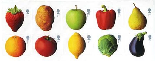 <p>果物と野菜10種(シール式、イギリス 2003年)</p>