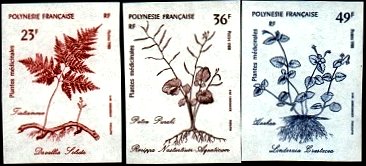 薬用植物（仏領ポリネシア、1988年）Davallia solida （シノブ属シダ、闊葉骨碎補）、Rorippa sarmentosa 、うりくさ (瓜草、Linderniacrustacea）
