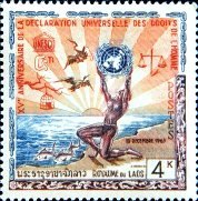 人権宣言（ラオス、1963年）籠から飛び立つ鳥や太陽、魚