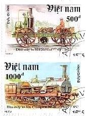 ベトナム　蒸気機関車　切手　鉄道　500d:ｽﾃｨｰﾌﾞﾝｿﾝ,1825、1000d:ｸﾗﾝﾌﾟﾄﾝNO.80,1852