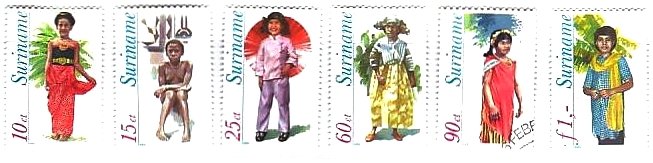 中南米　スリナム　民族衣装　男性　女性　子供　ジャワ人の少女/森林の中の黒人の少年/中国人の少女/クレオールの少女/インディアンの少女/ヒンドスタンの少年（1980年）