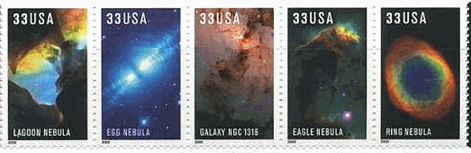 宇宙(米国）　切手　Lagoon Nebula(ラグーン星雲)、Egg Nebula(卵星雲 )、Galaxy NGC(棒渦巻き銀河)、Eagle Nebula（わし星雲）、Ring Nebula（環状星雲）　ハッブル宇宙望遠鏡