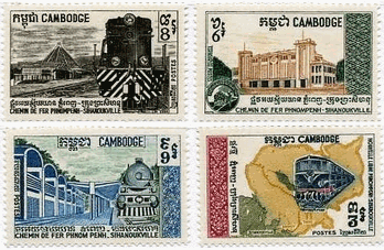 カンボジアの地図とディーゼル/蒸気機関車と駅舎