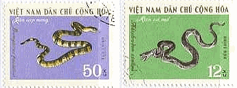 北ベトナムのヘビの切手（Bungarus faciatus,Akistrodonciatus(マムシ系),Trimeresurus gramoneus,Calliophis macclellandii)