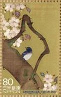 酒井抱一筆「十二ヵ月花鳥図屏風」六曲一双（部分）より　向日葵、芙蓉、菊、椿、桜と鶯
