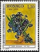 『アイリスのある静物（花瓶に入った背景が黄色のアイリス） （Nature morte : iris (dans un vase, sur fond jaune)）』　モナコで発行された国際生花コンクールの切手　ゴッホ　