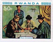 印象派　絵画切手　セザンヌ　『カード遊びをする男たち』（ルワンダ）