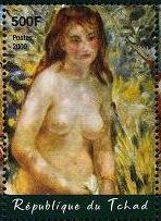 印象派　絵画切手　ルノワール　『陽光の中の裸婦（エテュード：トルソ、光の効果）（Torse de femme au soleil）』