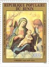 ルネサンス　コレッジョ　絵画切手　聖母子と智天使（聖母子と奏楽天使）（ベニン、1982年）
