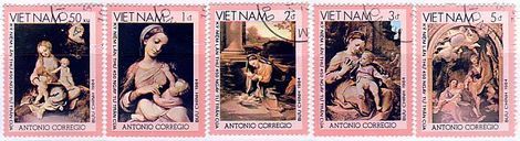 ルネサンス　コレッジョ　絵画切手　ベトナム　『聖母子と幼児聖ヨハネ』、『聖母子（カンポリの聖母）』、『幼児イエスを礼拝する聖母』、『かごの聖母 （Madonna della cesta）』、『』