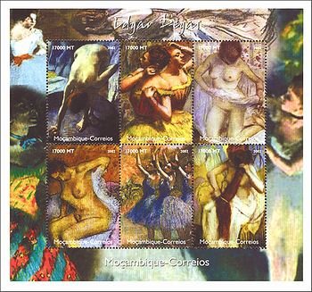 ドガの裸婦画(モザンビーク、2002年)『浴槽の裸婦』、『踊り子』、『入浴後』、『背中を拭く女』パステル、『２人のブルーダンサー』、『髪を梳く女』パステル、オルセー美術館