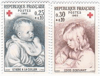 印象派　絵画切手　ルノワール　スプーンを持つ赤ちゃんと字を書くルノワールの娘クラウド（フランス、1965年）