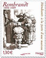 『戸口で施しを受ける物乞いたち』（1648、エッチング、フランス)　レンブラント