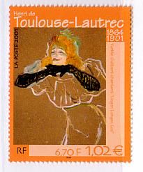 印象派　絵画切手　ロートレック　『リンガ・ロンガ・ルーを歌うイヴェット・ギルベール』