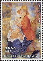 印象派　絵画切手　ルノワール　 『授乳する母親（母性、息子ピエールを抱くアリーヌ・シャリゴ）』