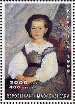 印象派　絵画切手　ルノワール　『小さな貴婦人ロメーヌ・ラコー嬢』<