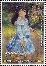 印象派　絵画切手　ルノワール　 『フープを持つ少女（Girl with a Hoop(Marie Goujon)）』