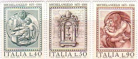 ミケランジェロ　ルネサンス　絵画切手　イタリア発行　左から、Pittiの聖母子、バチカンのNiche、システィーナ教会の絵画の部分・聖母子