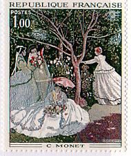 印象派　絵画切手　モネ　『庭の女たち』オルセー美術館（フランス）