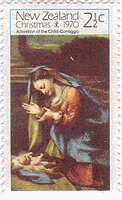 ルネサンス　コレッジョ　絵画切手　幼児イエスを礼拝する聖母