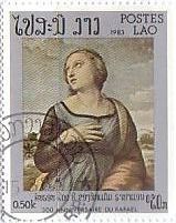 ラファエロ　ルネサンス 絵画切手　ラオス　『アレキサンドリアの聖カタリナ』