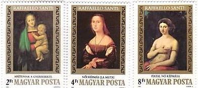 ラファエロ　ルネサンス　絵画切手　『ラ・ムータ（唖の女）』　『若い婦人の肖像』、通称ラ・フォルナリーナ