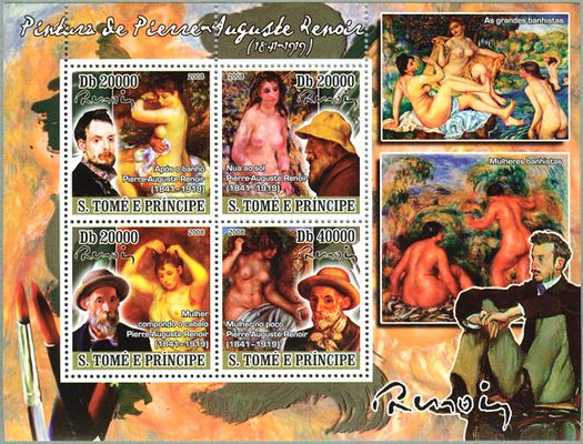 フランスの印象派の画家ピエール＝オーギュスト・ルノワール(1841-1919　『水浴びの後』(1888、個人蔵)、『陽を浴びる裸婦』(1875-76、オルセー美術館)、『髪を梳く女』(1887、エルミタージュ美術館)、『泉に寄る女』(1910、個人蔵)。いずれにも肖像とサイン。地に肖像と『大水浴』(1887、フィラデルフィア美術館)と『水浴する女性たち』(詳細不明)。（サントメプリンシペ、2008年）