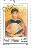 印象派　絵画切手　ルノワール　扇を持つ女性 