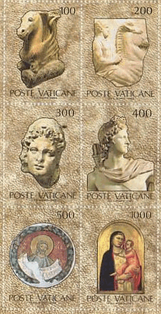 ヴァチカン市国の至宝（ヴァチカン、1983年）エトルリアの素焼きの馬の首、ギリシャ時代の馬に乗る男の破片、エトルリアの男の首像、アポロの胸像、モーゼ（ローマ時代のフレスコ画）、聖母子像（ダビッド画）