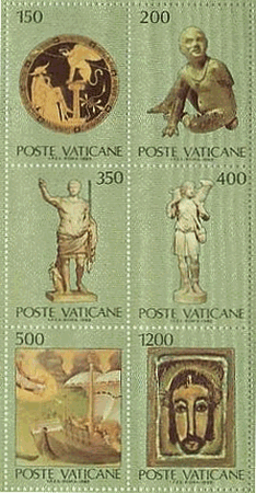ヴァチカン市国の至宝（ヴァチカン、1983年）オエディウスとスフィンクス（ギリシャ時代のカップ）、エトルリア時代の子供のブロンズ像、皇帝アウグスツスの像、良い羊飼いの大理石像、船を救う聖ニコラス（ファブリアーノ画）、聖なる顔（G. Rounault画