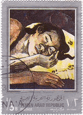 印象派　絵画切手　ゴーギャン　イエメン発行　ネヴァモア（横たわるタヒチの女）