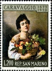 カラヴァッジョ　バロック　絵画　切手　『果物籠を持つ少年』