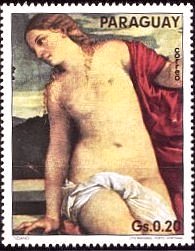 『聖愛と俗愛』（パラグアイ）　チチアン　天上の愛（又は肉体を創造した神の愛）の象徴として裸体のヴィーナス　"Sacred and Profane Love"