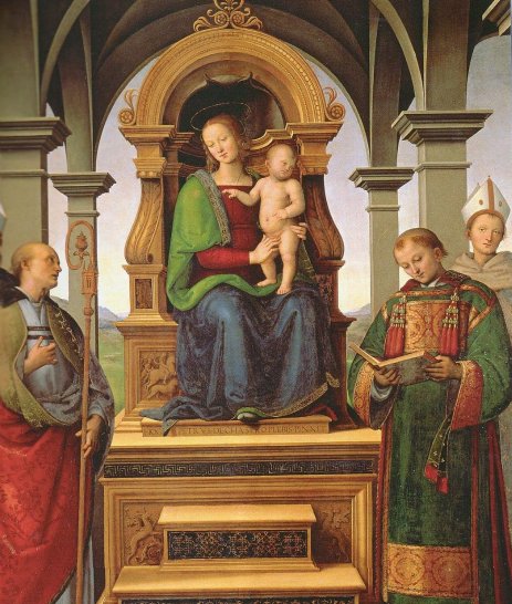 ペルジーノ　『玉座の聖母子と聖ラウレンティウス、トゥールーズの聖ルイ、聖エルコラーノ、聖コンスタンツォ』