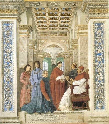 メロッツォ・ダ・フォルリ作『ヴァチカン図書館長を指名するシクストゥス四世（シクストゥス4世の謁見を受ける司書長プラティナ）』