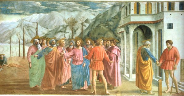 貢の銭（Pagamento del tributo、1424-27頃）（ブランカッチ礼拝堂壁画） マサッチオ