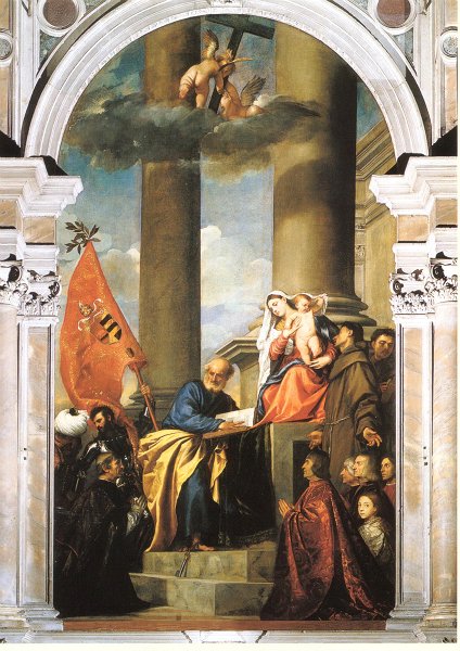 聖会話とペーザロ家の寄進者たち（ペーザロ家祭壇画）（Sacra conversazione con i donatori Pesaro (Pala Pesaro)）