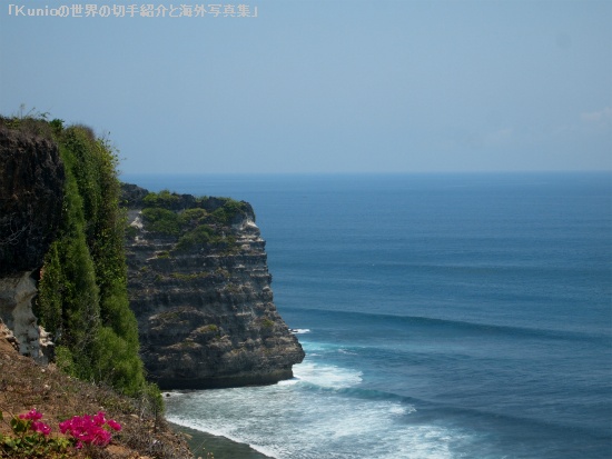 バリ島南部の花が咲き乱れる断崖絶壁とそこの荒海でサーフィンをする人々