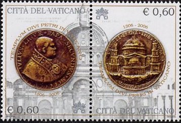 バチカン市国のコインとサン・ピエトロ大聖堂　切手