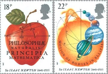 ニュートン　リンゴと説明図形、万有引力の法則、光のスペクトル、速度と重力の関係