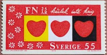 国連25年　愛と反戦をあらわす3つのハート、平等と兄弟愛を表す４つ葉のクローバ（スウェーデン、1970年）