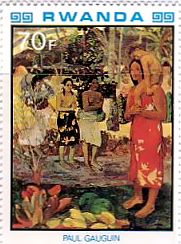 印象派　絵画切手　ゴーギャン　ルワンダ　『イア・オラナ・マリア　（マリアを拝する）』