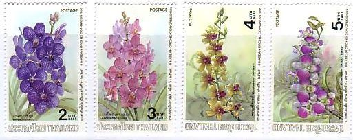 タイ　ラン　蘭　花　切手　タイの蘭（1986年）　バンダ（vanda varavuth）、アスコセンダ属（Ascocenda Emma）、デンドロビウムの一種（Dendrobium sri-siam）、エカポール（Dendrobium Ekapol ）